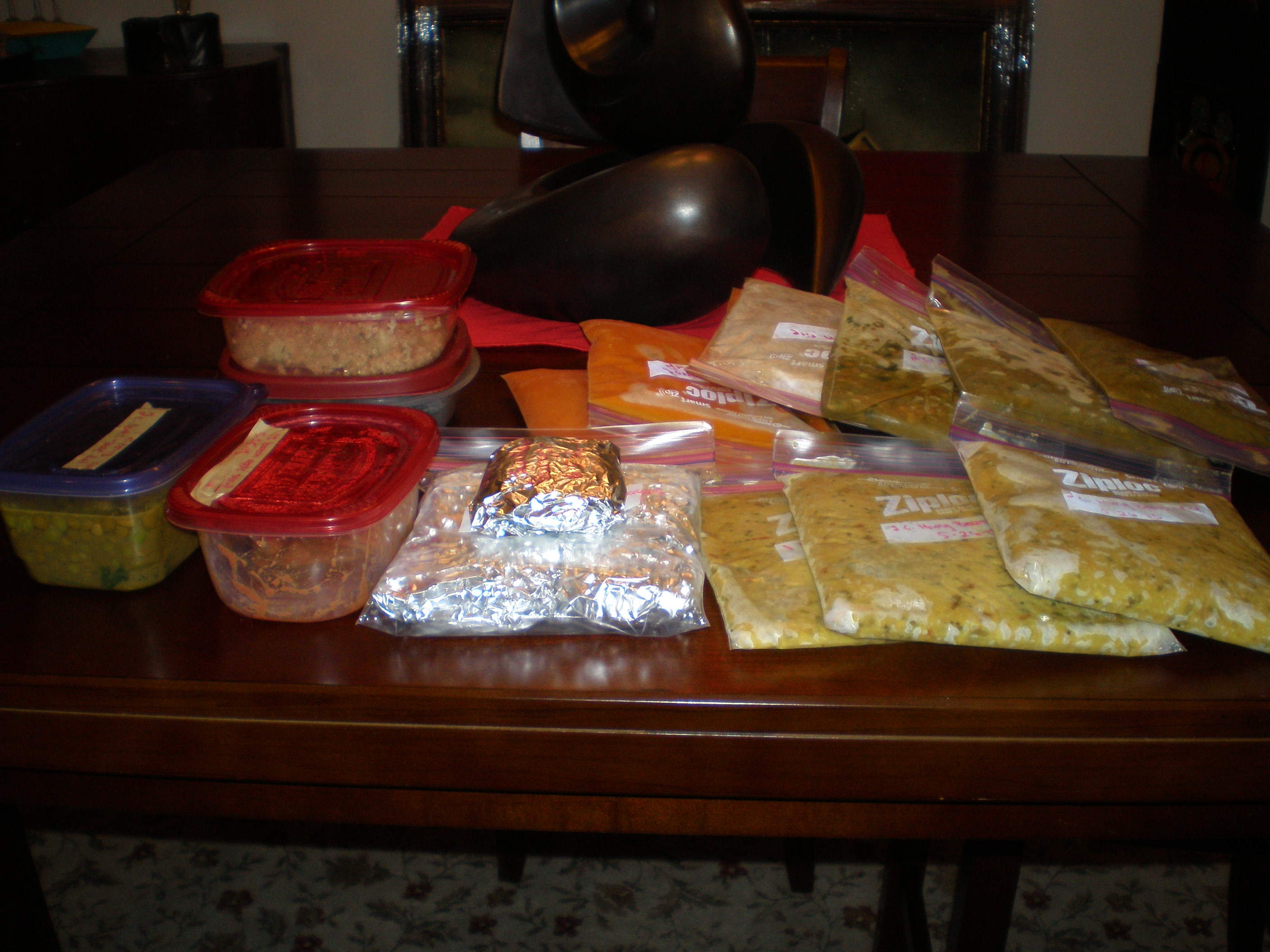 Everything in baggies goes in the freezer, but we need to eat up the tupperware food soon.